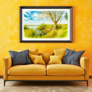 Poster: Boat under willow ar river aquarell havelland style