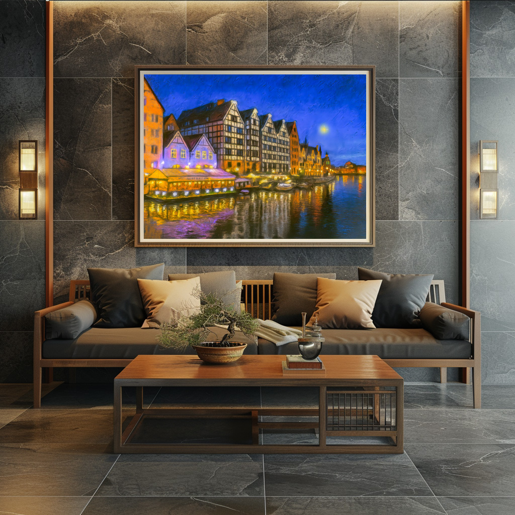 Poster: Pastel drawing of Danzig’s Motlawa waterfront at night