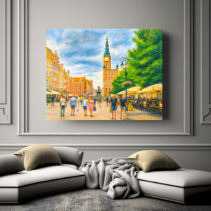Poster: Pastel drawing of Danzig Long Market with church and cafes