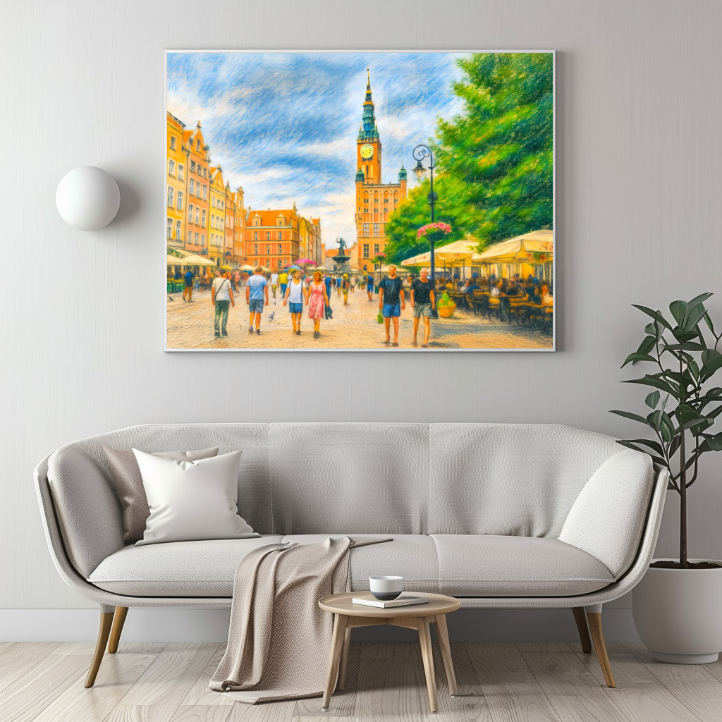 Poster: Pastel drawing of Danzig Long Market with church and cafes – Bild 2