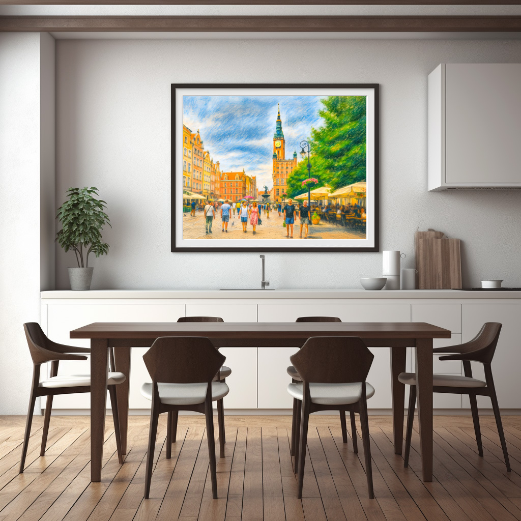 Poster: Pastel drawing of Danzig Long Market with church and cafes – Bild 3