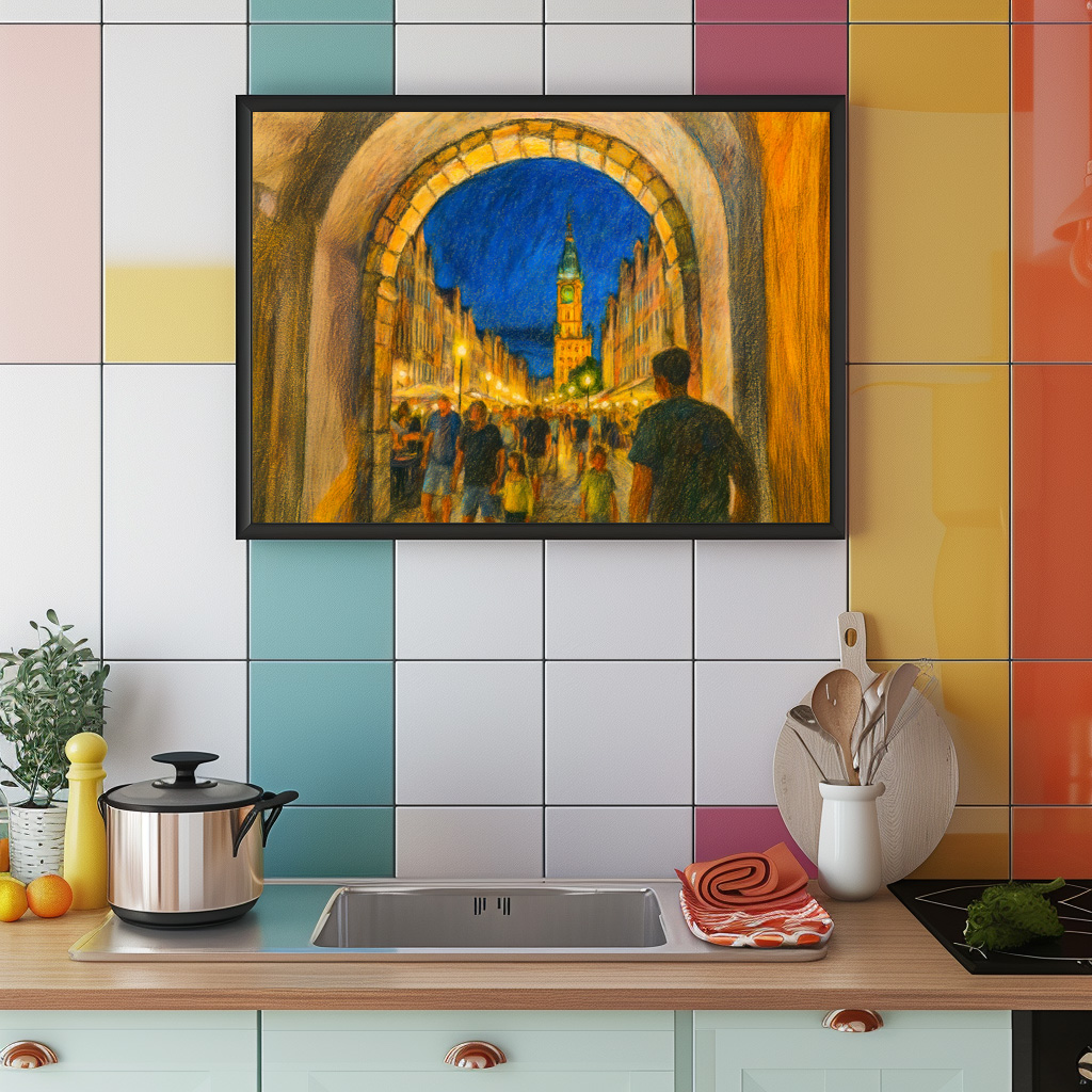 Poster: Pastel drawing of Danzig city gate view to Neptune fountain - immagine 2