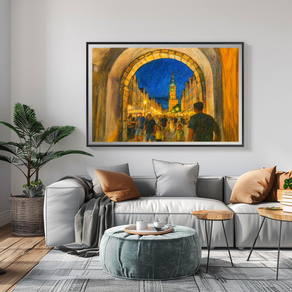 Poster: Pastel drawing of Danzig city gate view to Neptune fountain - immagine 3