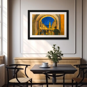 Poster: Pastel drawing of Danzig city gate view to Neptune fountain