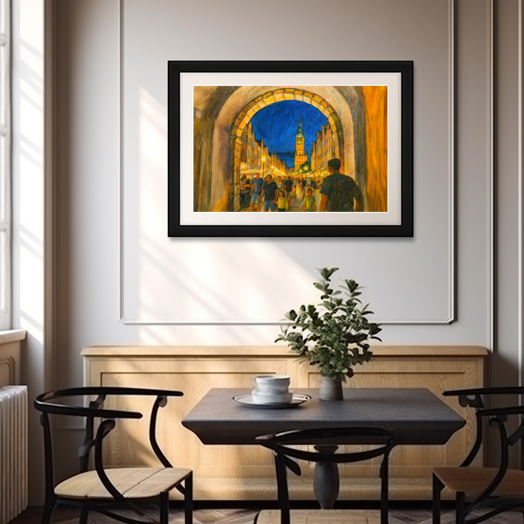 Poster: Pastel drawing of Danzig city gate view to Neptune fountain