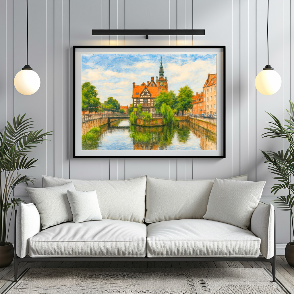 Poster: Pastel drawing of Danzig’ old mill on Radunia Canal