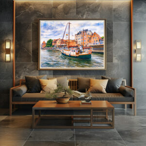 Poster: Pastel drawing of sailboat on Motlawa in Danzig old town