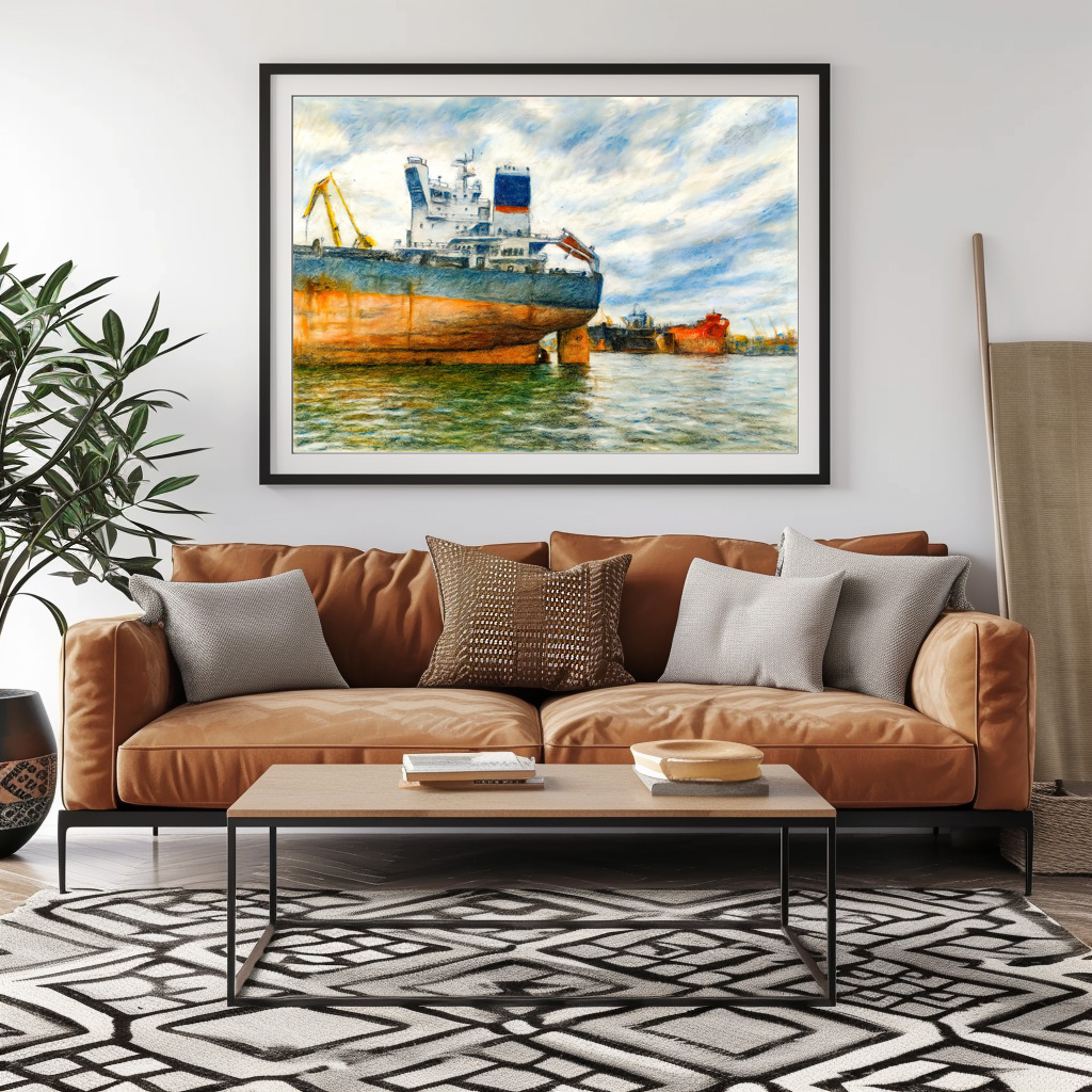 Poster: Pastel drawing of cargo ship in Danzig sea harbor