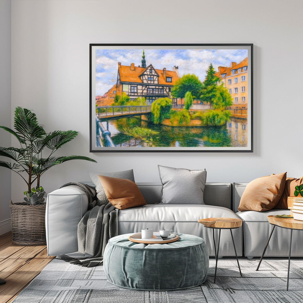 Poster: Pastel drawing of Danzig’ old mill on Radunia Canal