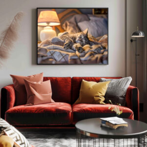 Poster: Cat lounging on couch with blanket and lamp