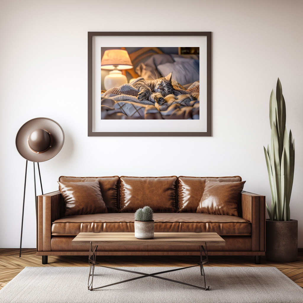 Poster: Cat lounging on couch with blanket and lamp - Image 3