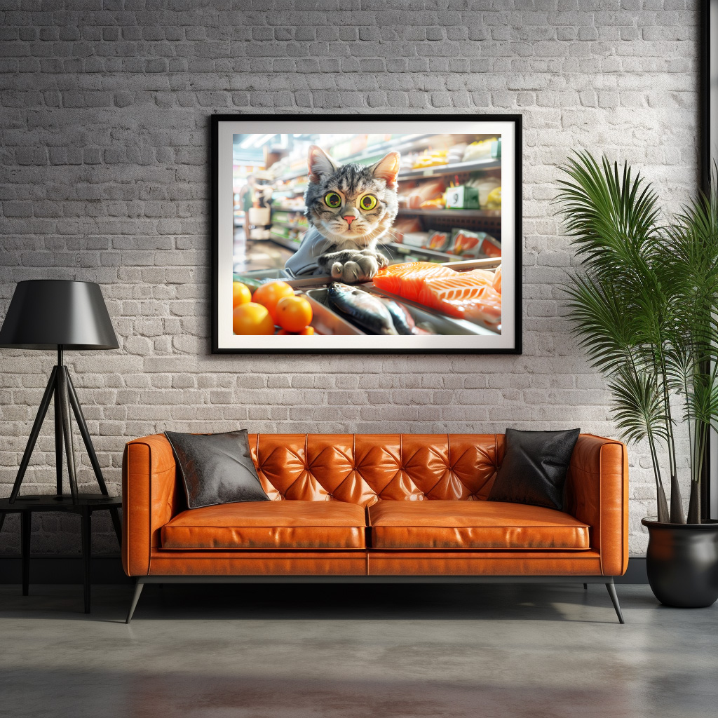Poster: Cat shopping in grocery store with produce