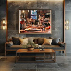 Poster: Cats dining on fish with wine indoors