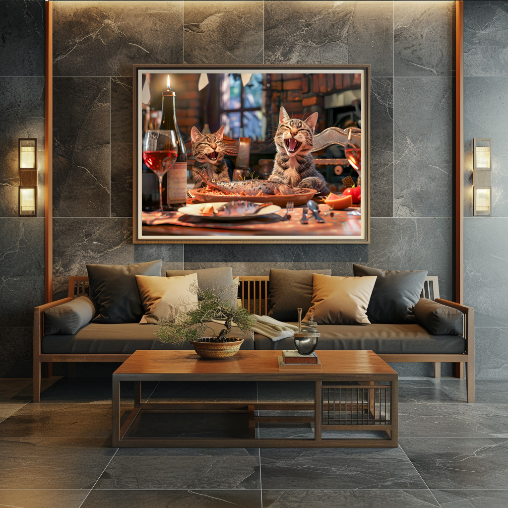 Poster: Cats dining on fish with wine indoors