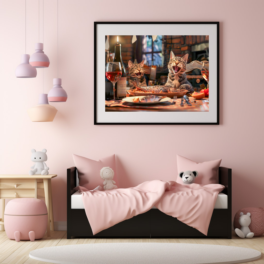 Poster: Cats dining on fish with wine indoors – Bild 2