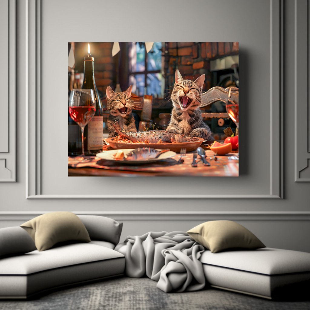 Poster: Cats dining on fish with wine indoors – Bild 3