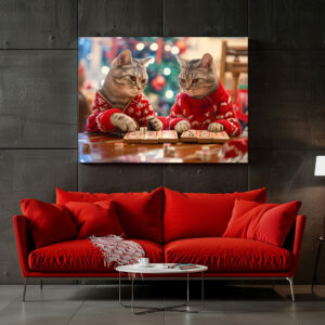 Poster: Two cats in red sweaters with festive background