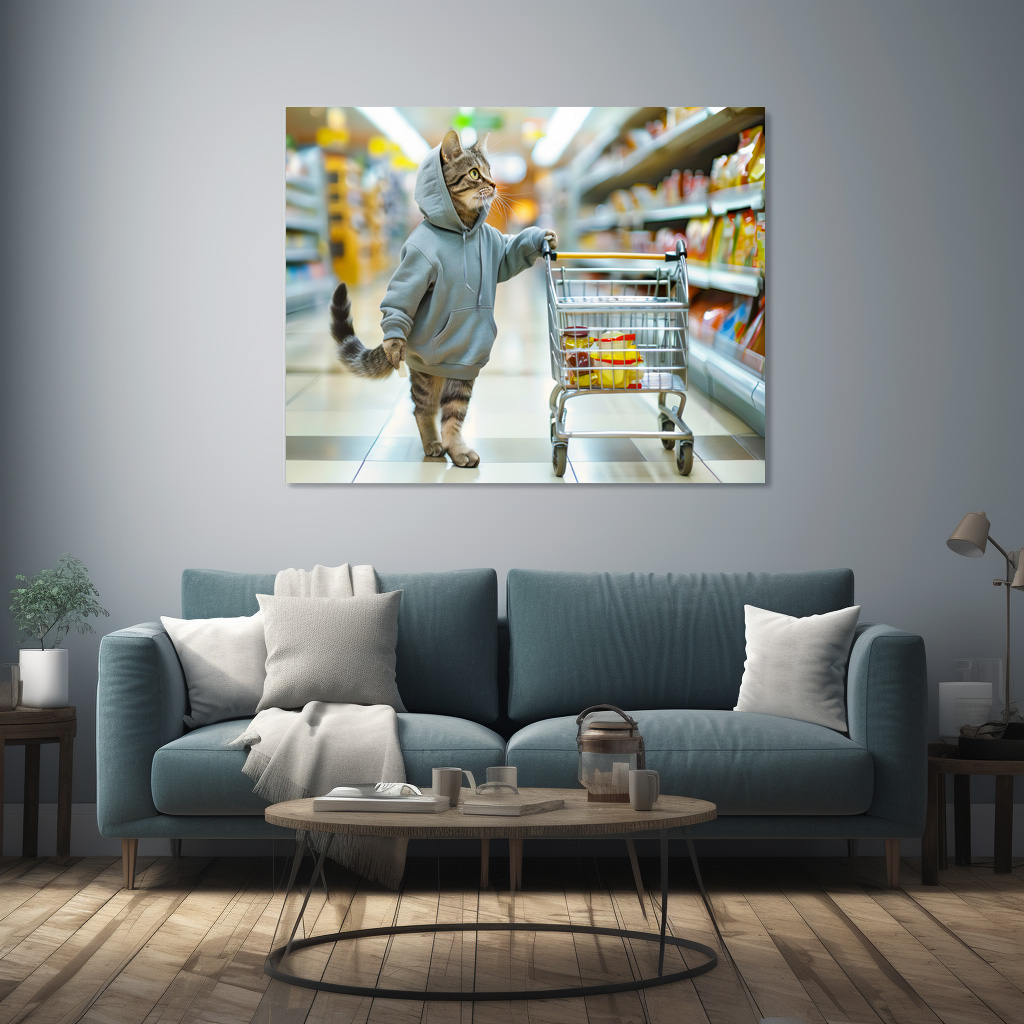 Poster: Cat with shopping basket in supermarket aisle