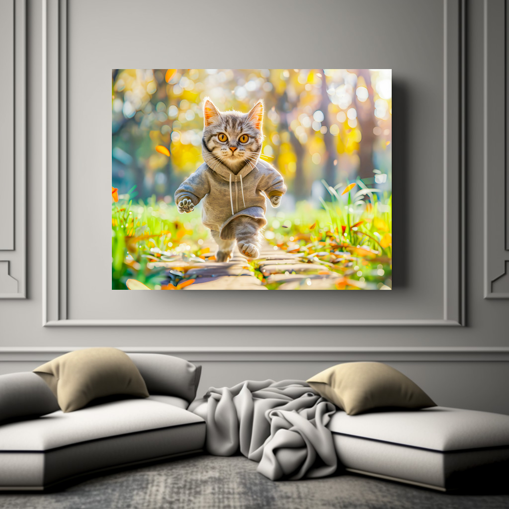 Poster: Cat in hoodie jogging through green park
