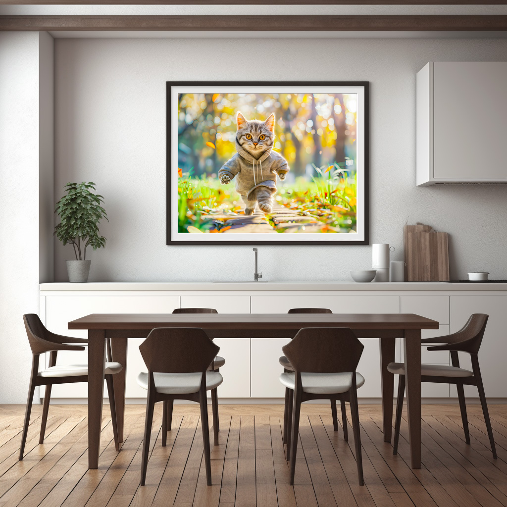 Poster: Cat in hoodie jogging through green park - immagine 2