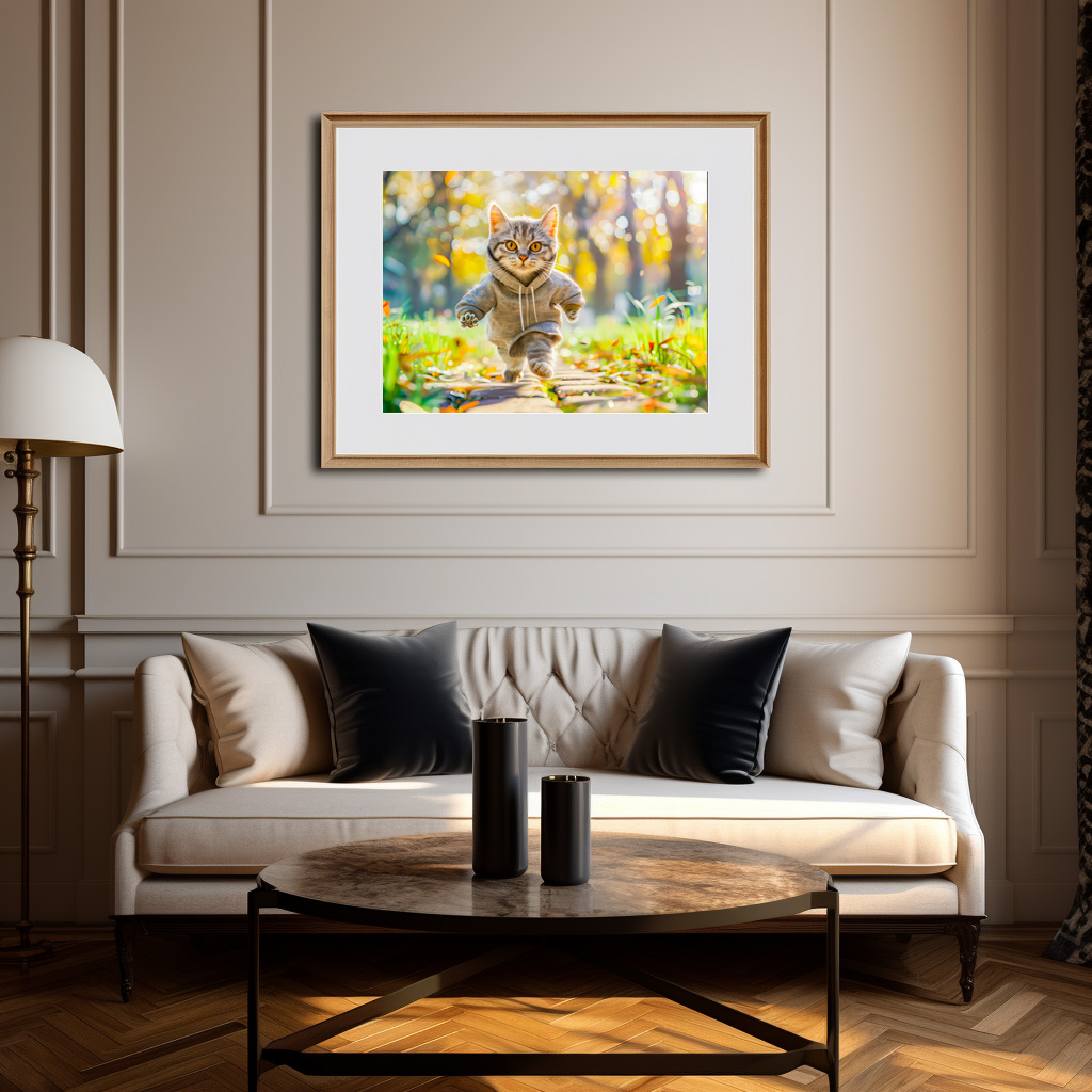 Poster: Cat in hoodie jogging through green park - immagine 3