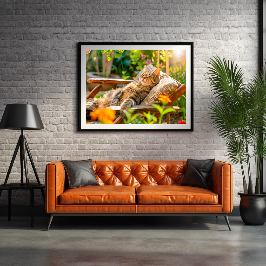 Poster: Cat sleeping in garden chair among flowers
