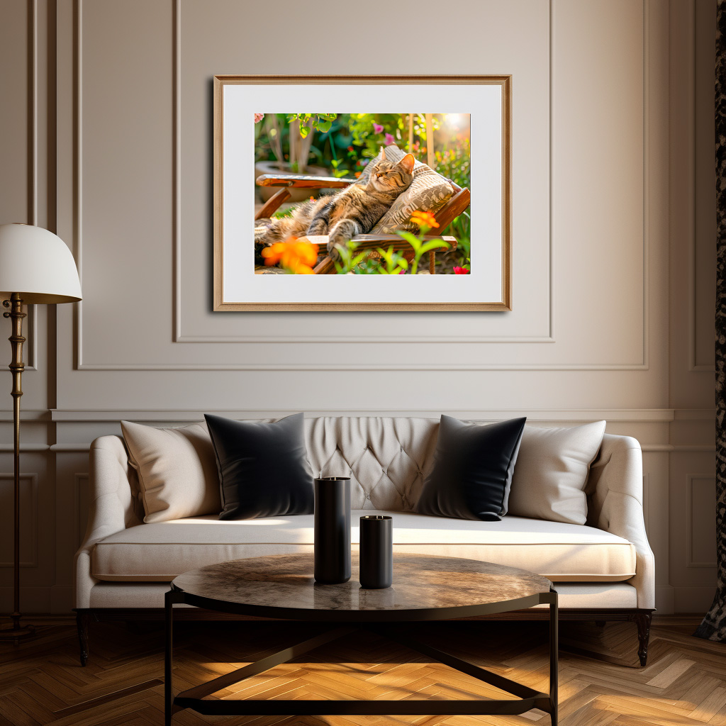 Poster: Cat sleeping in garden chair among flowers – Image 3