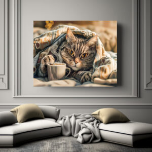 Poster: Cat with coffee and book in cozy blanket