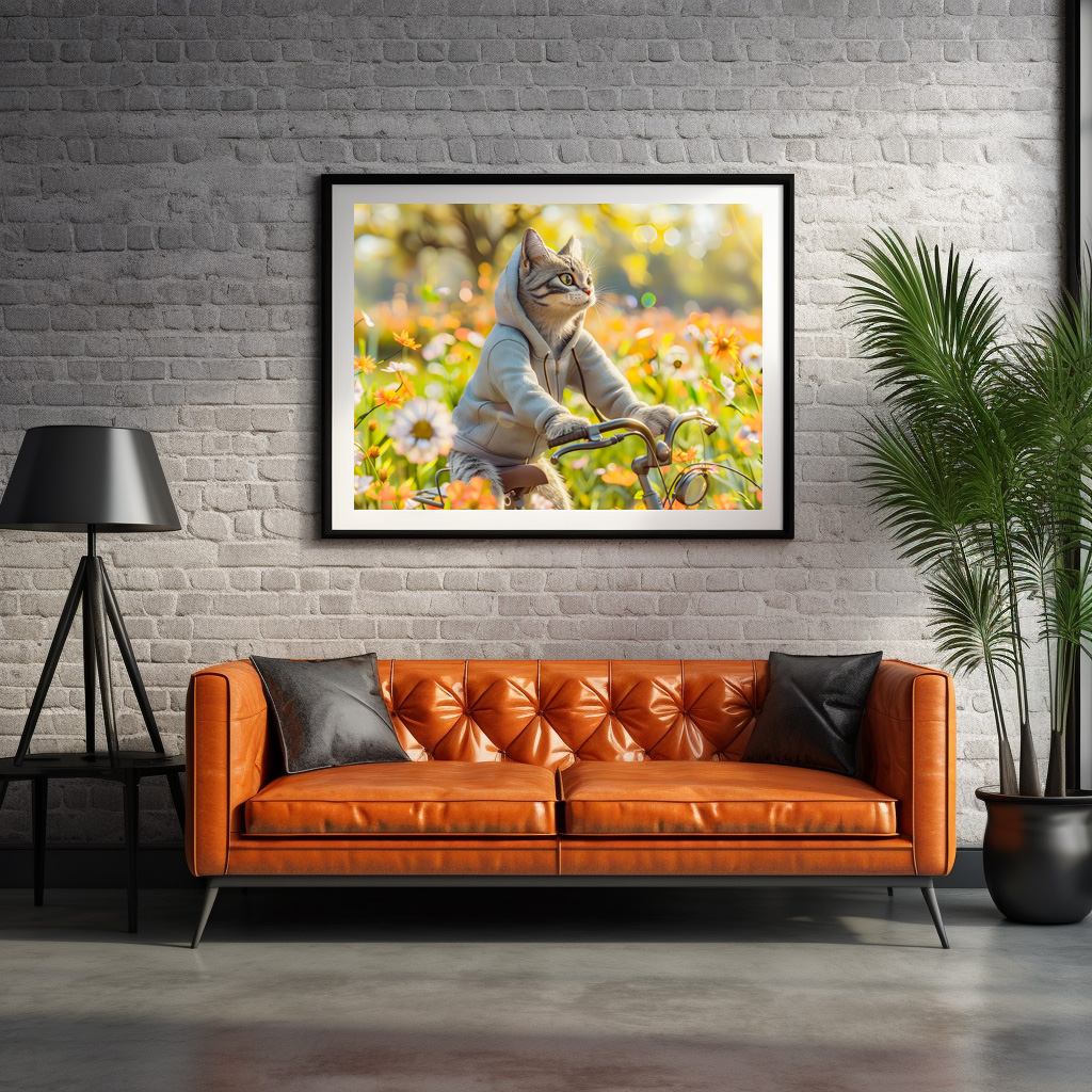 Poster: Cat in hoodie cycling across summer meadow