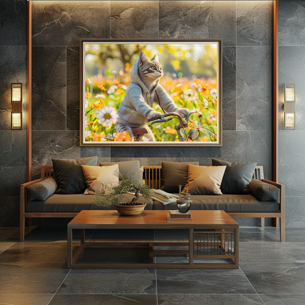 Poster: Cat in hoodie cycling across summer meadow – Bild 2