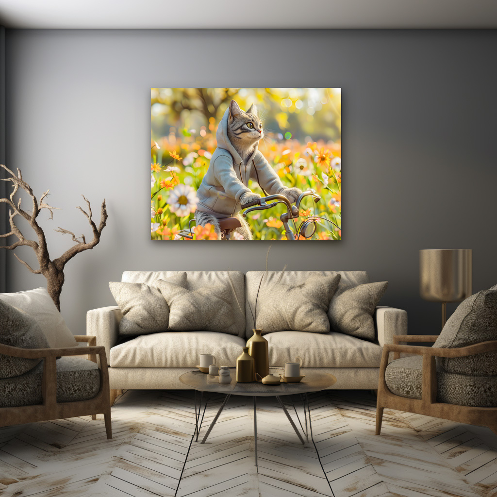 Poster: Cat in hoodie cycling across summer meadow – Bild 3