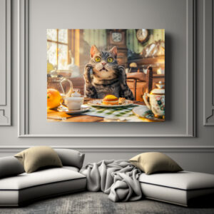 Poster: Cat at breakfast table with croissants and juice