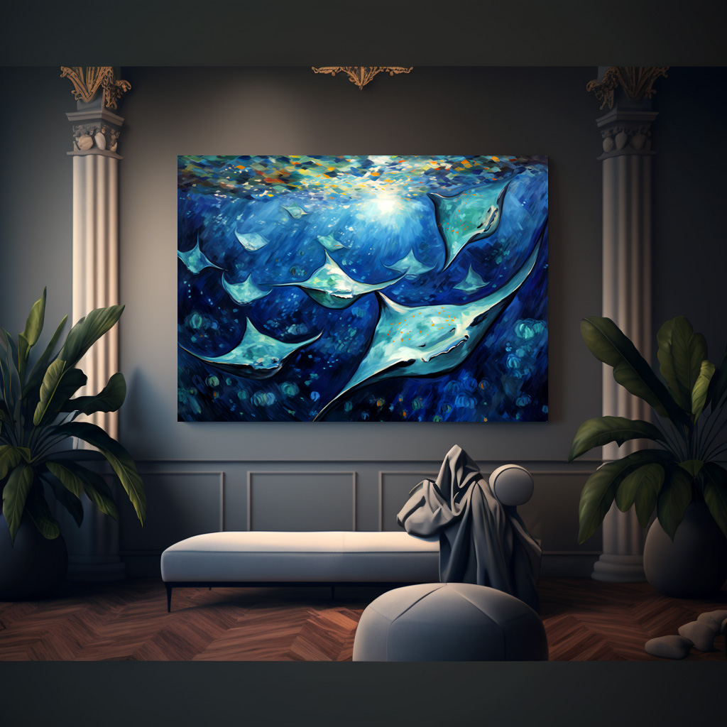 Poster: Manta Rays in Expressive Ocean Oil Painting