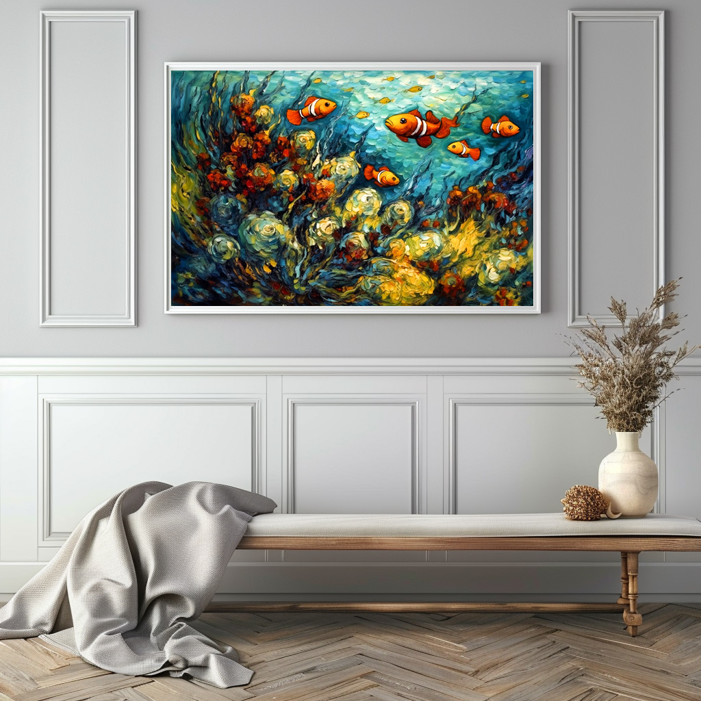 Poster: Clownfish in Swirling Coral Reef Painting – Image 2