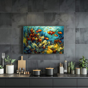 Poster: Clownfish in Swirling Coral Reef Painting