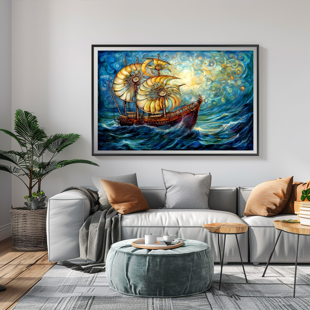 Poster: Fantastical Nautilus Ship in Swirling Ocean