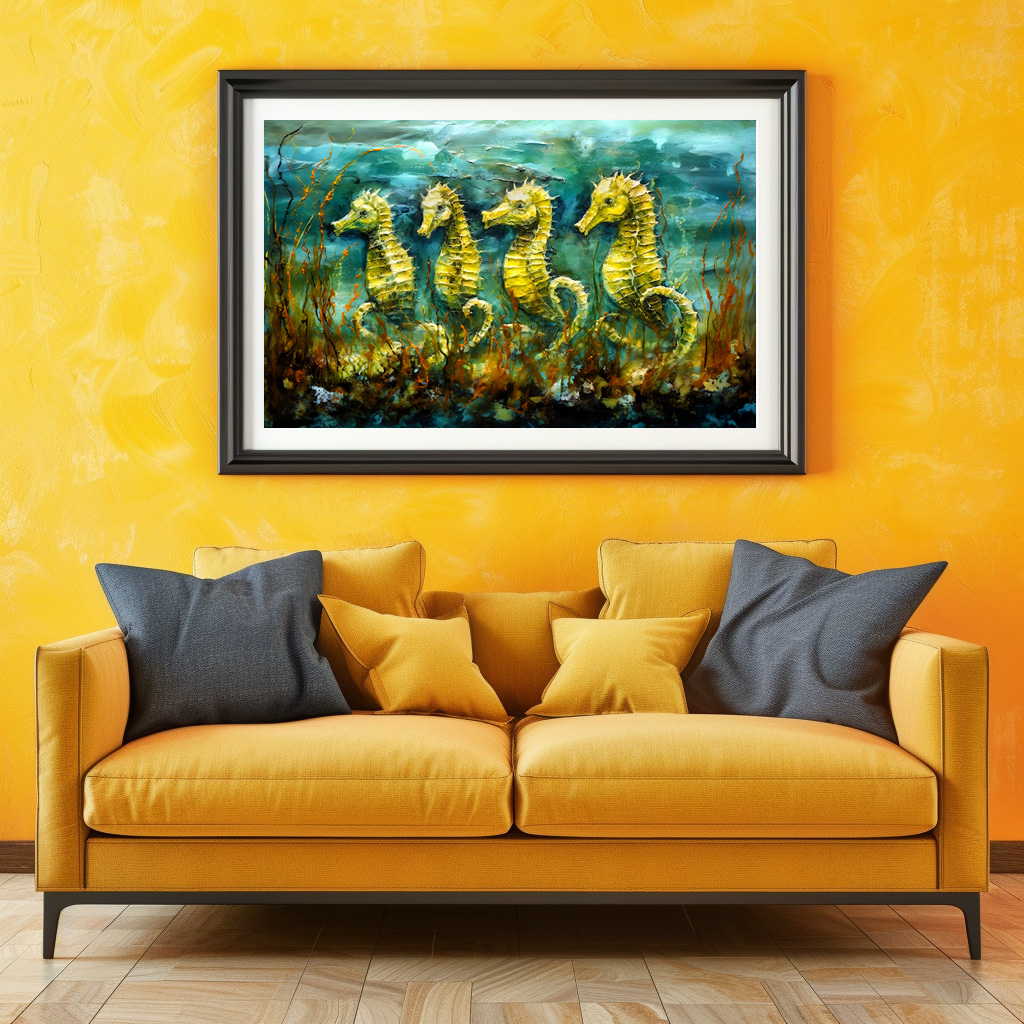 Poster: Seahorses in Expressive Ocean Oil Painting