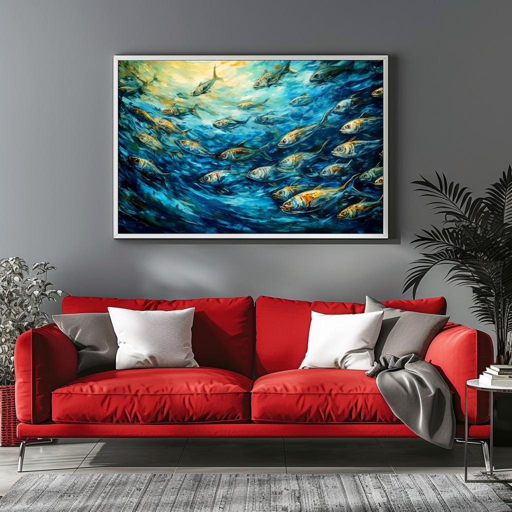 Poster: School of Fish in Expressive Ocean Painting – Bild 2