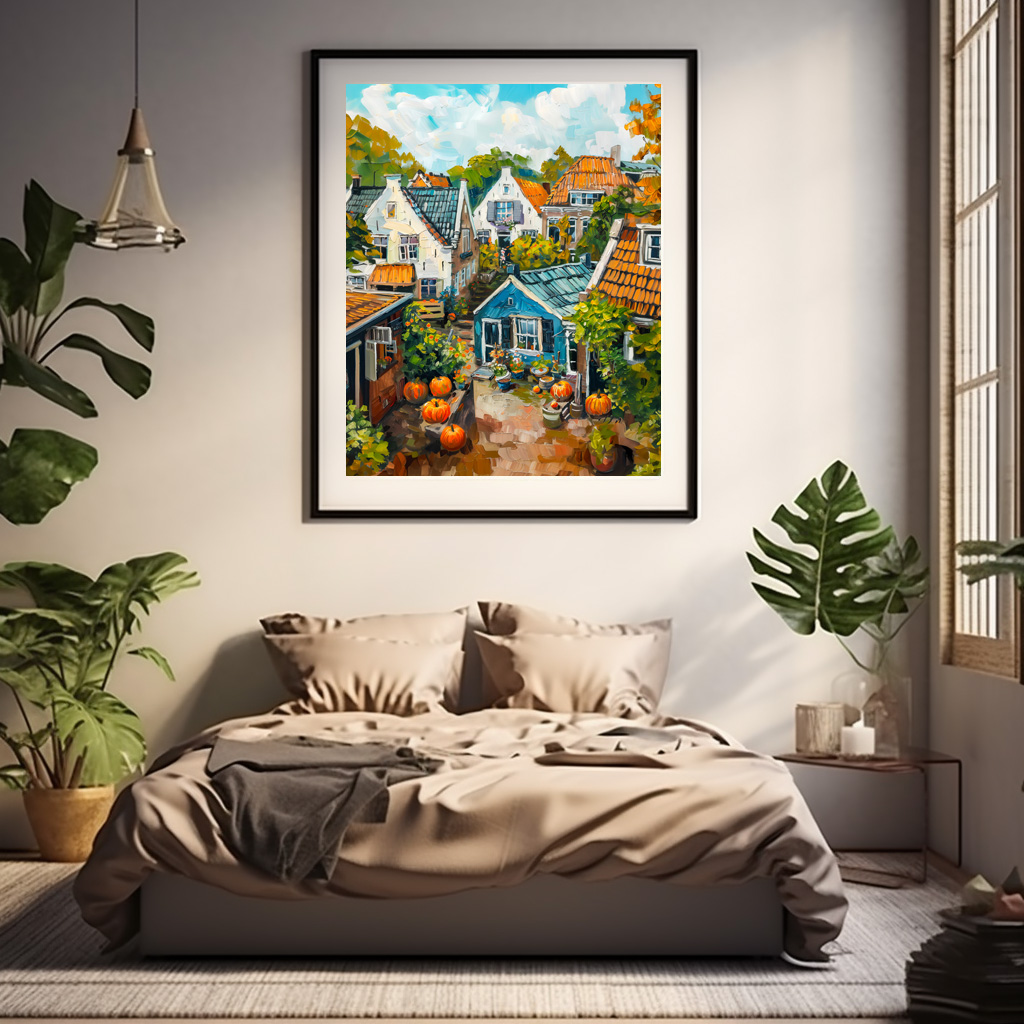 Poster: Autumn Village with Pumpkins and Cottages Painting - immagine 2