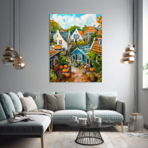 Poster: Autumn Village with Pumpkins and Cottages Painting