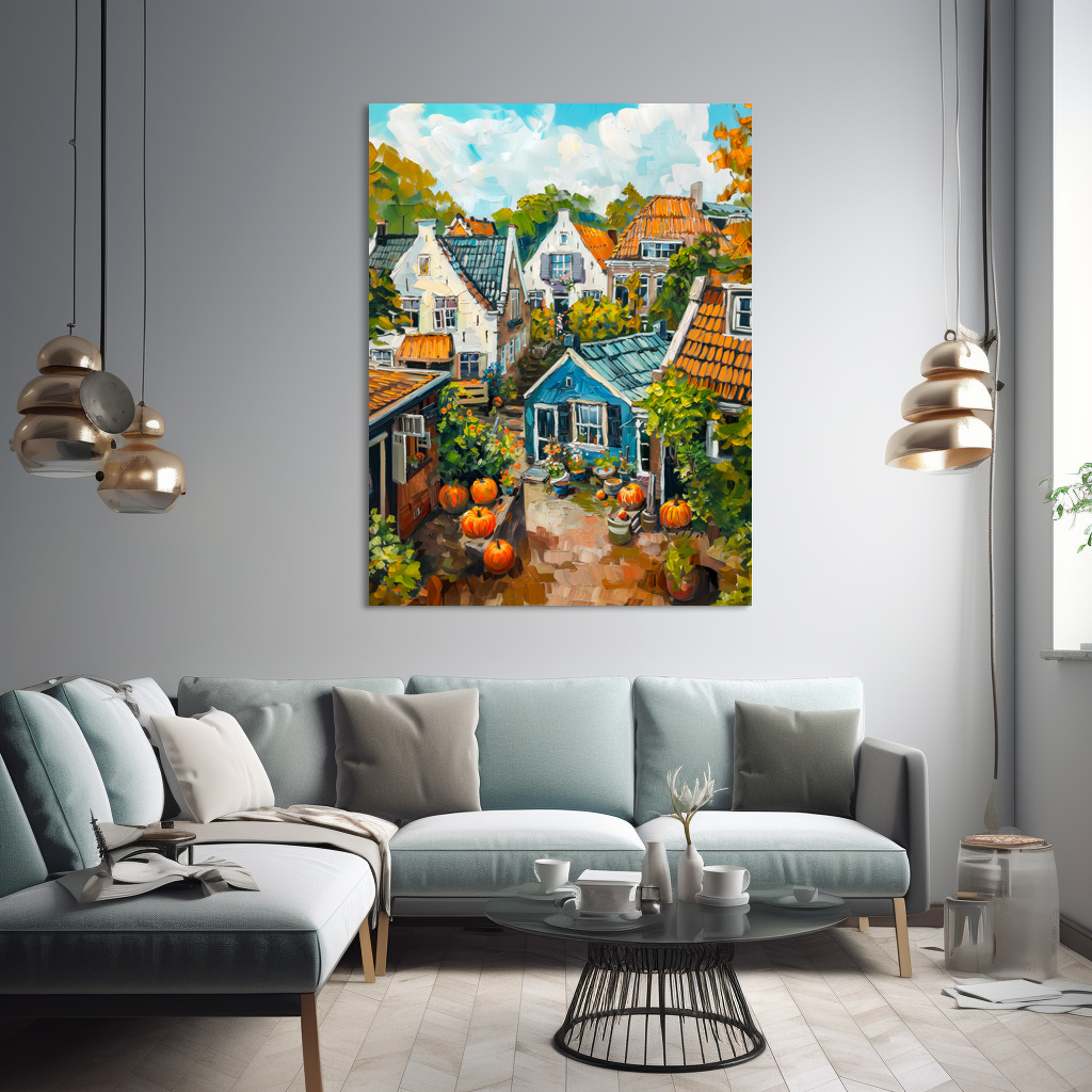 Poster: Autumn Village with Pumpkins and Cottages Painting