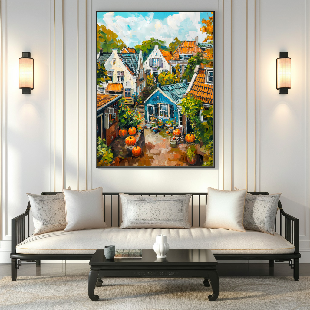 Poster: Autumn Village with Pumpkins and Cottages Painting - immagine 3