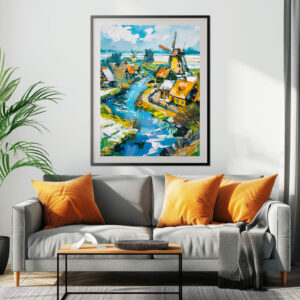 Poster: Dutch Countryside with Windmills and Water Channels Fantasy Painting