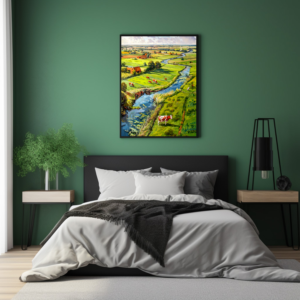 Poster: Countryside with Cows and Stream Fantasy Painting – Image 2