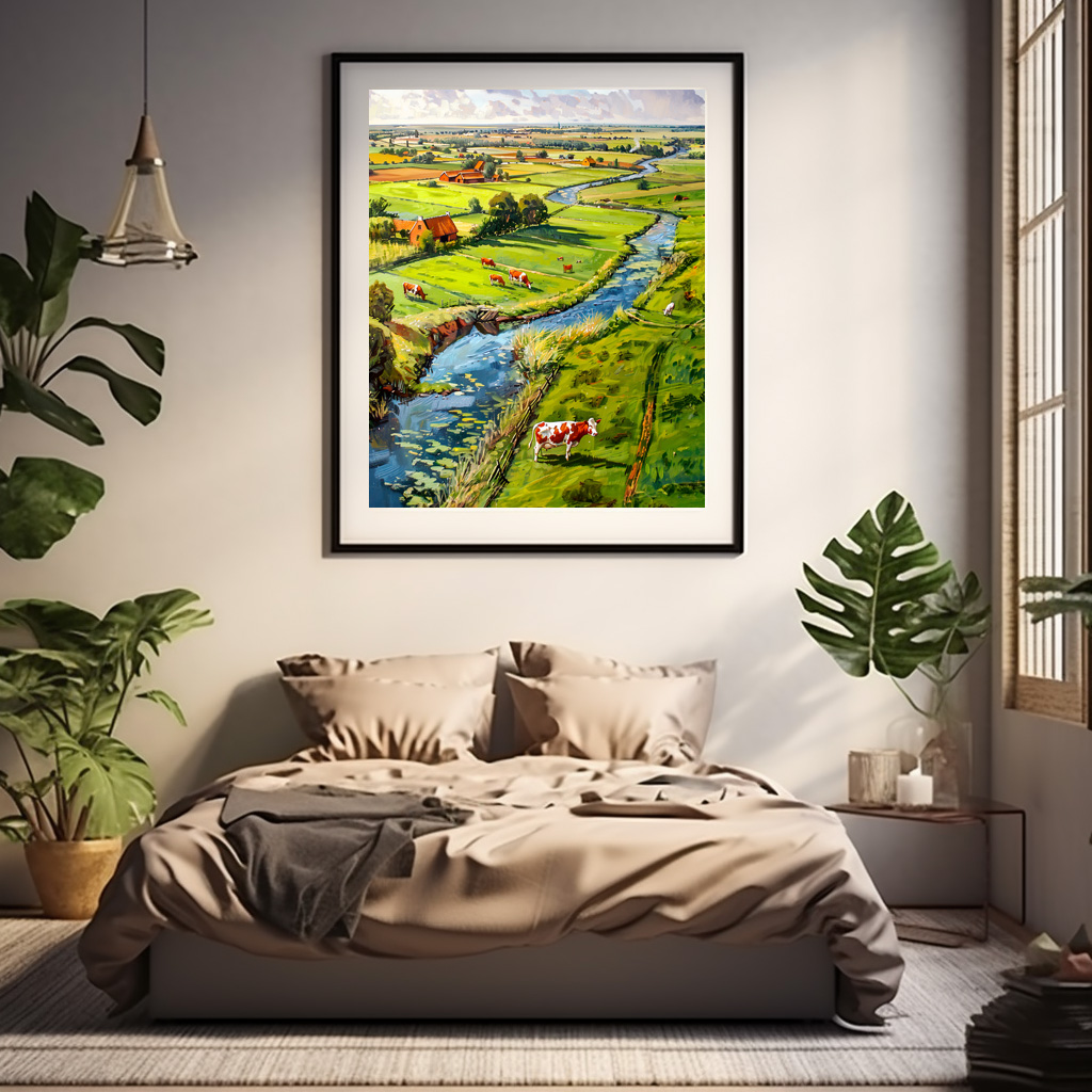 Poster: Countryside with Cows and Stream Fantasy Painting – Image 3