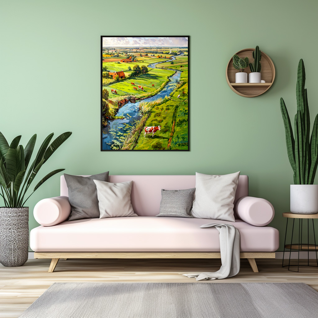 Poster: Countryside with Cows and Stream Fantasy Painting