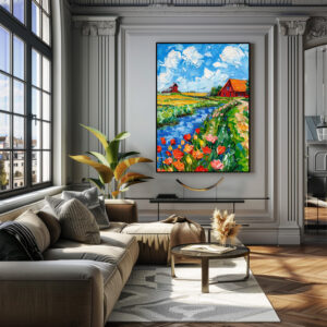 Poster: Tulip Fields with Barn and Stream Fantasy Painting