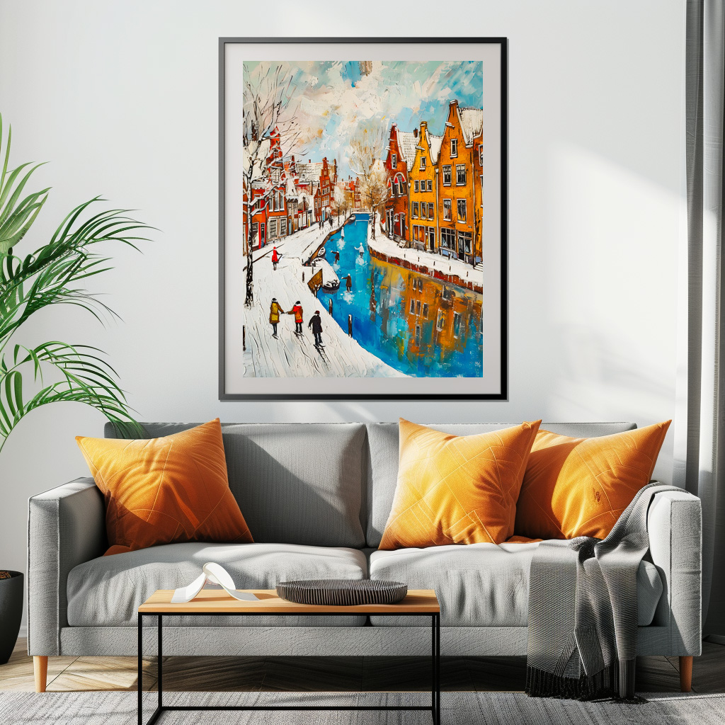 Poster: Winter Canal with Snowy Streets and Colorful Houses Painting