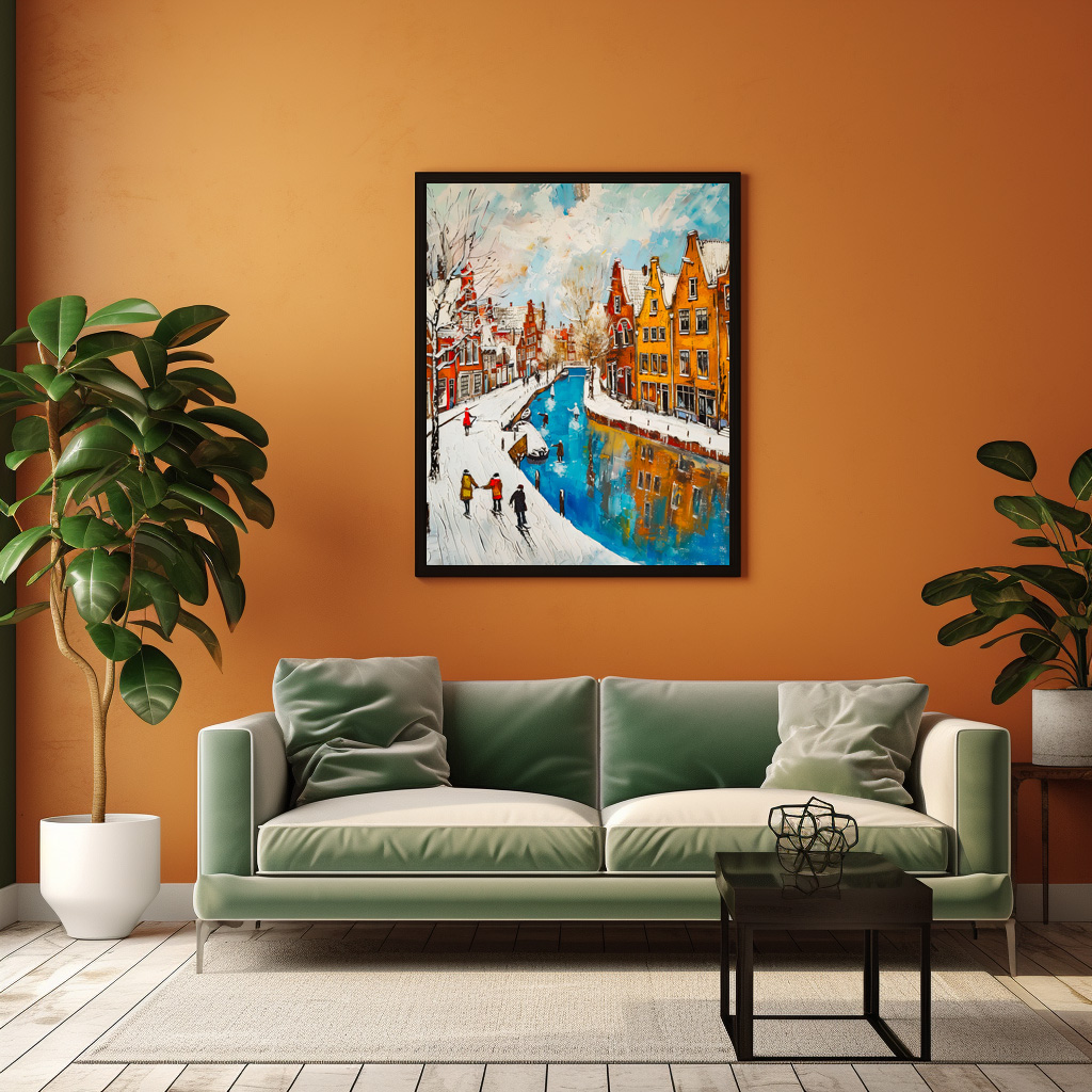 Poster: Winter Canal with Snowy Streets and Colorful Houses Painting – Bild 2