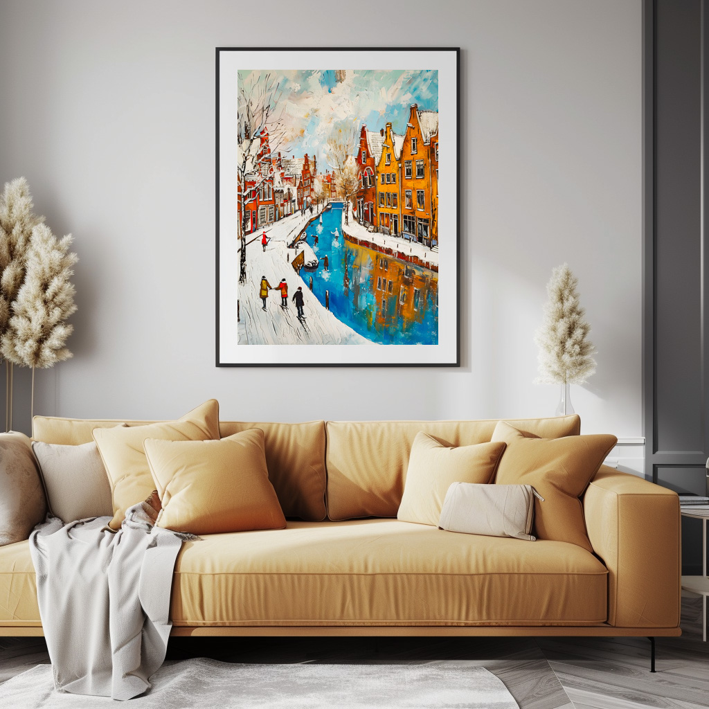 Poster: Winter Canal with Snowy Streets and Colorful Houses Painting – Bild 3